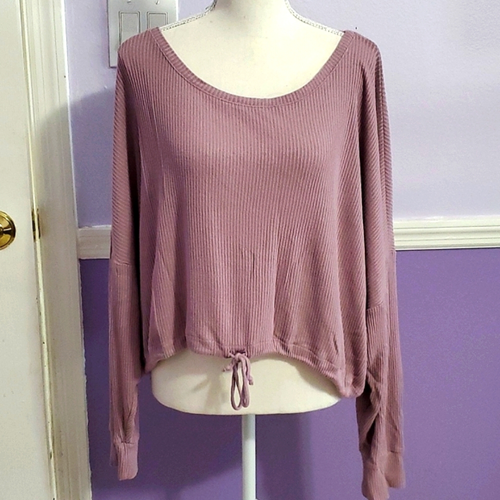 Boho Lavender Waffle Knit Y2K Flowy Oversized Dolman Long Sleeves Knit Top 0S